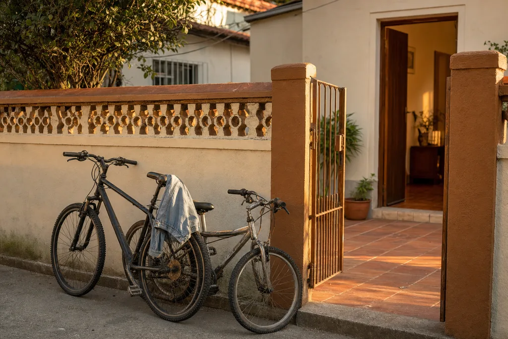 Muro de uma casa no fim da tarde com duas bicicletas encostadas juntas, uma jaqueta jeans sobre o selim de uma delas, o portão de ferro aberto e a porta de entrada aberta com luz quente saindo de dentro