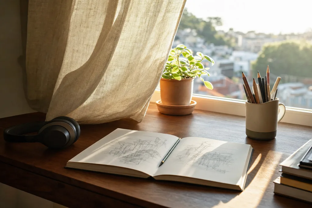 Mesa de estudo junto a uma janela com a cortina de linho meio aberta, caderno de desenho aberto com esboços a lápis, fones de ouvido, uma caneca com lápis e uma planta pequena, luz suave da tarde entrando