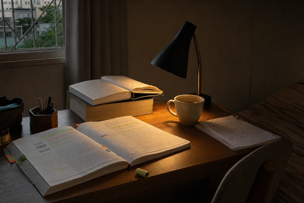 Mesa de estudo à noite com apostila aberta, marca-texto sem tampa e caneca esquecida, cadeira levemente afastada e luminária acesa