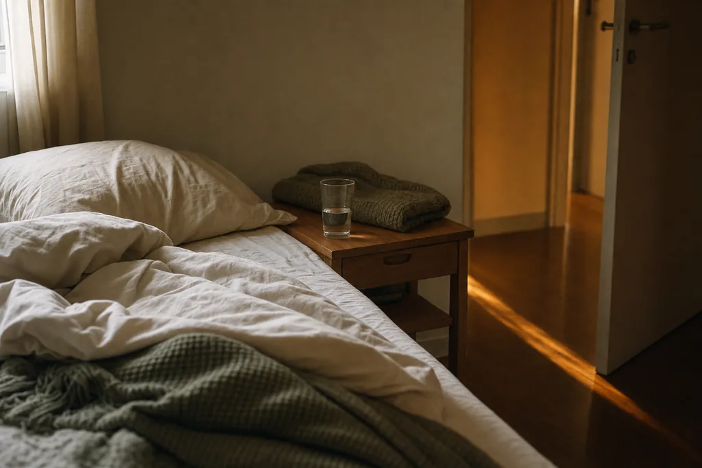 Beira de cama em quarto à noite com edredom amassado, copo de água pela metade na mesa de cabeceira e porta entreaberta com luz do corredor entrando