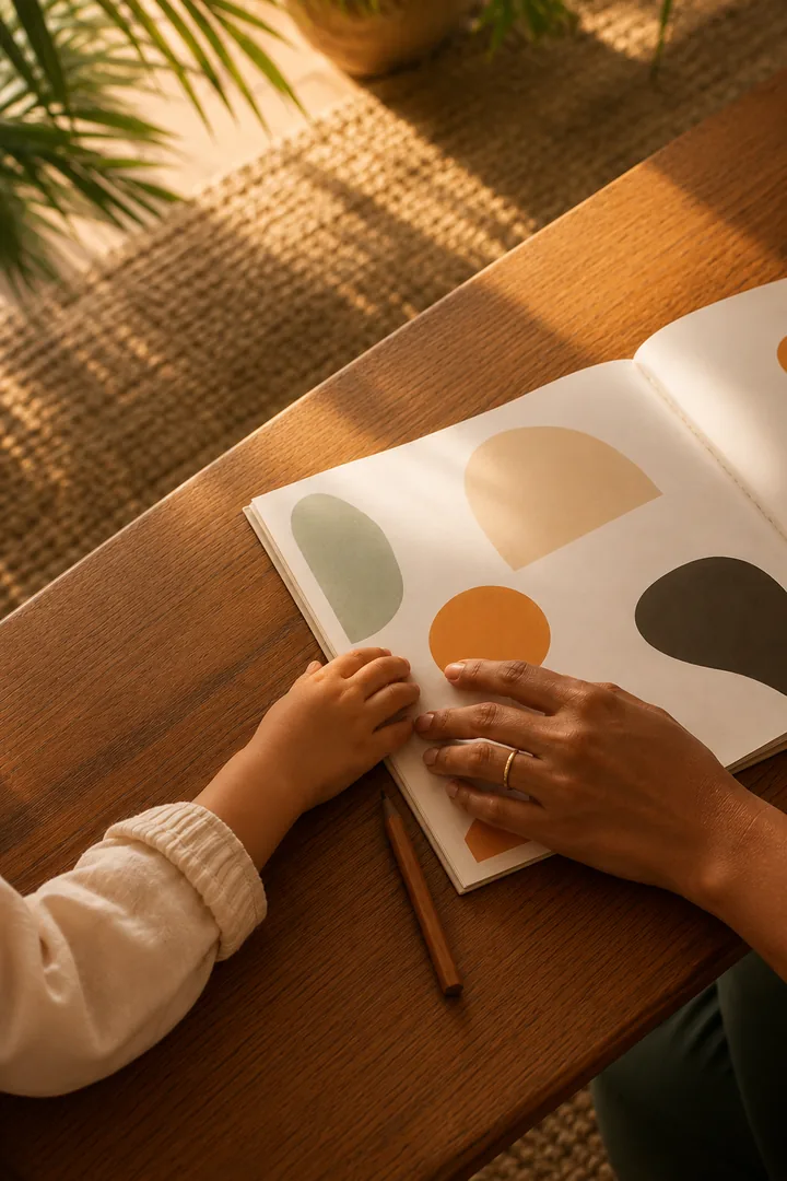 Mão de adulto e mão de criança lado a lado tocando um livro infantil aberto sobre mesa de madeira